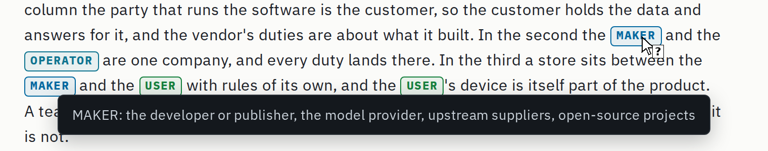 Three lines of this page with the MAKER tag under the pointer, which shows a question mark, and its definition showing in a dark bubble at the foot of the window
