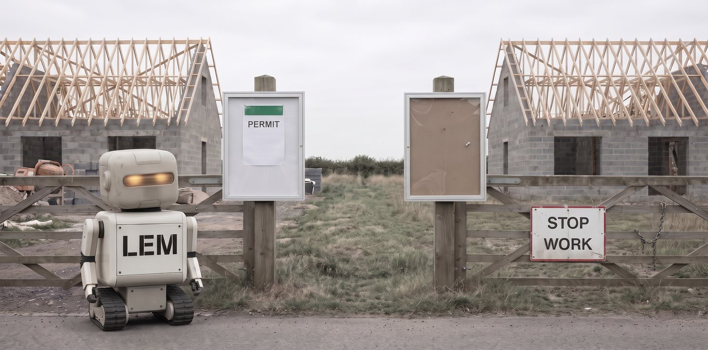 Lem, a small robot with a large LEM name plate across his front,
                stands on the road between two neighbouring building plots, each
                holding an identical half-built house. A permit case on the near
                plot's gate post holds a notice headed PERMIT. The identical
                case on the next plot's gate post is empty, its backing board
                bare, and a small red-bordered board wired across that plot's
                closed gate reads STOP WORK.