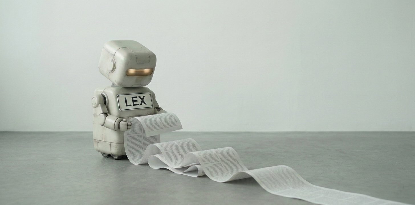 Lex, a small robot with a large LEX name plate across his front, stands in a bare grey room holding the end of a long printed contract that unrolls from his hands, folds across the floor and runs out of the frame.