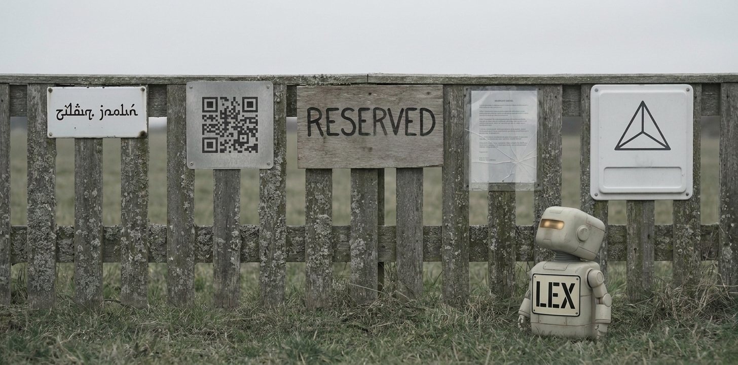 Lex, a small robot with a large LEX name plate across his front, sits at the foot of a weathered wooden fence carrying five different signs: an enamel plaque with unreadable lettering, a metal plate stamped with a machine-readable code pattern, a wooden board hand-painted RESERVED, a printed paper notice behind cracked plastic, and a moulded plastic sign bearing a geometric symbol.
