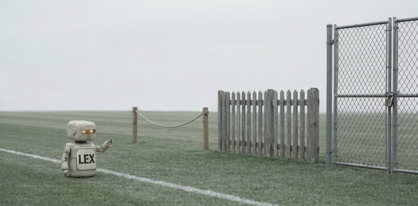 Lex, a small robot with a large LEX name plate across his front, stands on mown grass beside a painted white line, facing a row of barriers receding to the right: a rope slung between two posts, a weathered picket fence, and a padlocked steel gate in a chain-link fence.