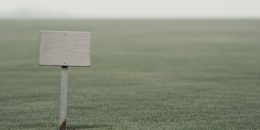 A small blank wooden sign on a stake, standing at the edge of a wide mown lawn under a flat overcast sky.