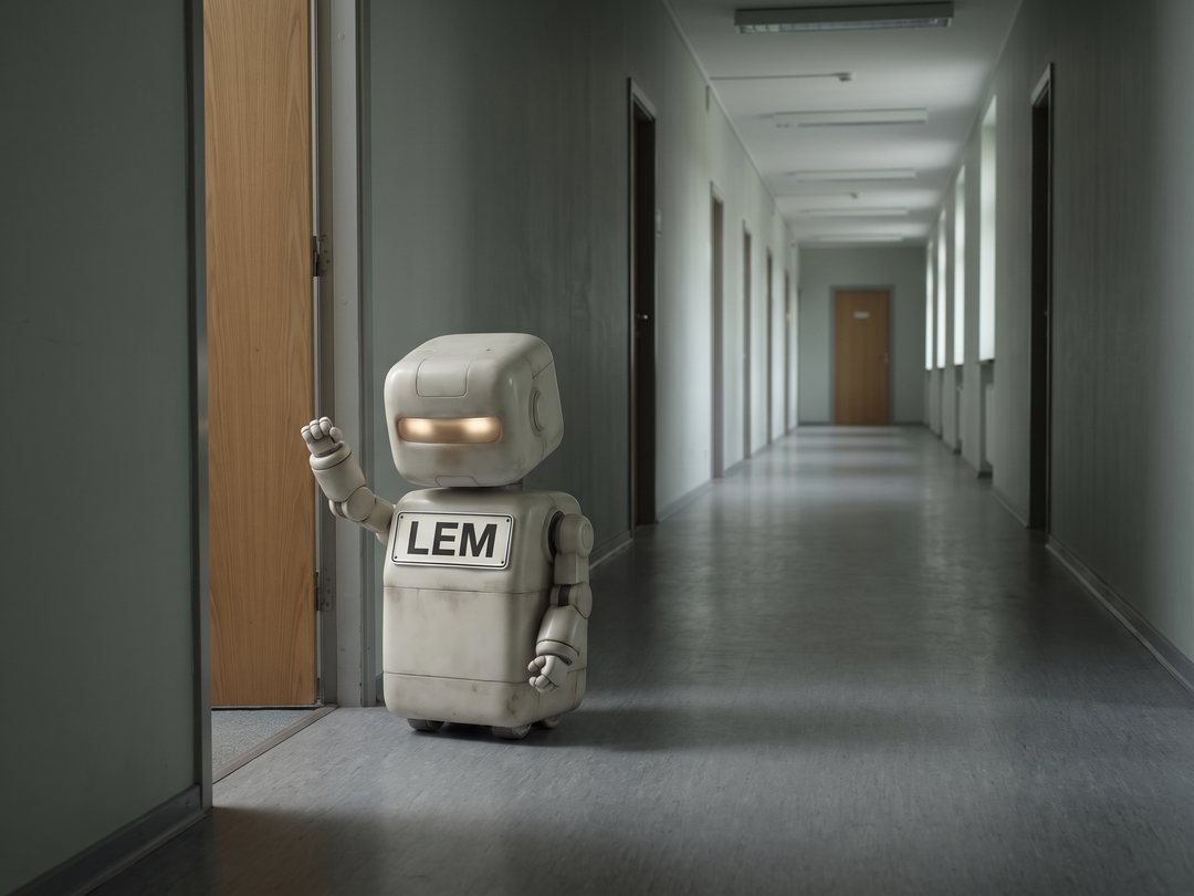 Lem, a small boxy robot with a large LEM name plate across their front, stands at an open door at the near end of a long municipal corridor lined with identical closed doors, one arm still raised from knocking.
