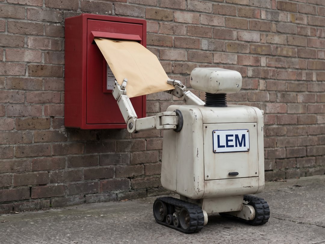 Lem, a small boxy robot with a large LEM name plate across their side, seen from behind posting a large formal envelope into a municipal post box on a brick wall, using both hands.