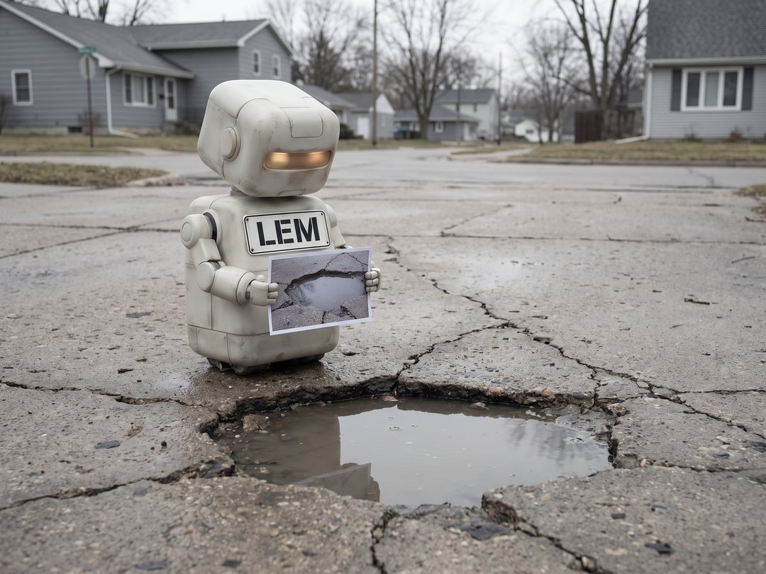 Lem, a small boxy robot with a large LEM name plate across their front, stands on a cracked suburban road holding up a photograph of a pothole beside the actual pothole, which is full of rainwater.